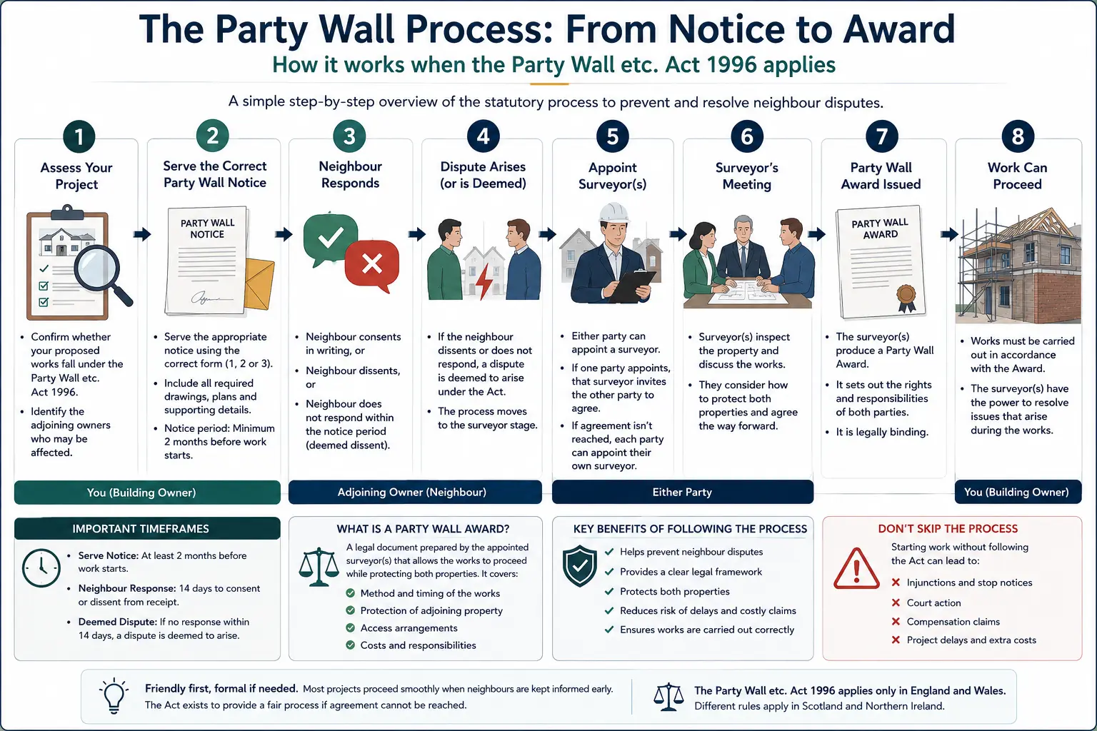 Do I Need a Party Wall Agreement? An infographic showing the party wall process from notice to award in a very interactive way for the citizens living in Stockport, UK