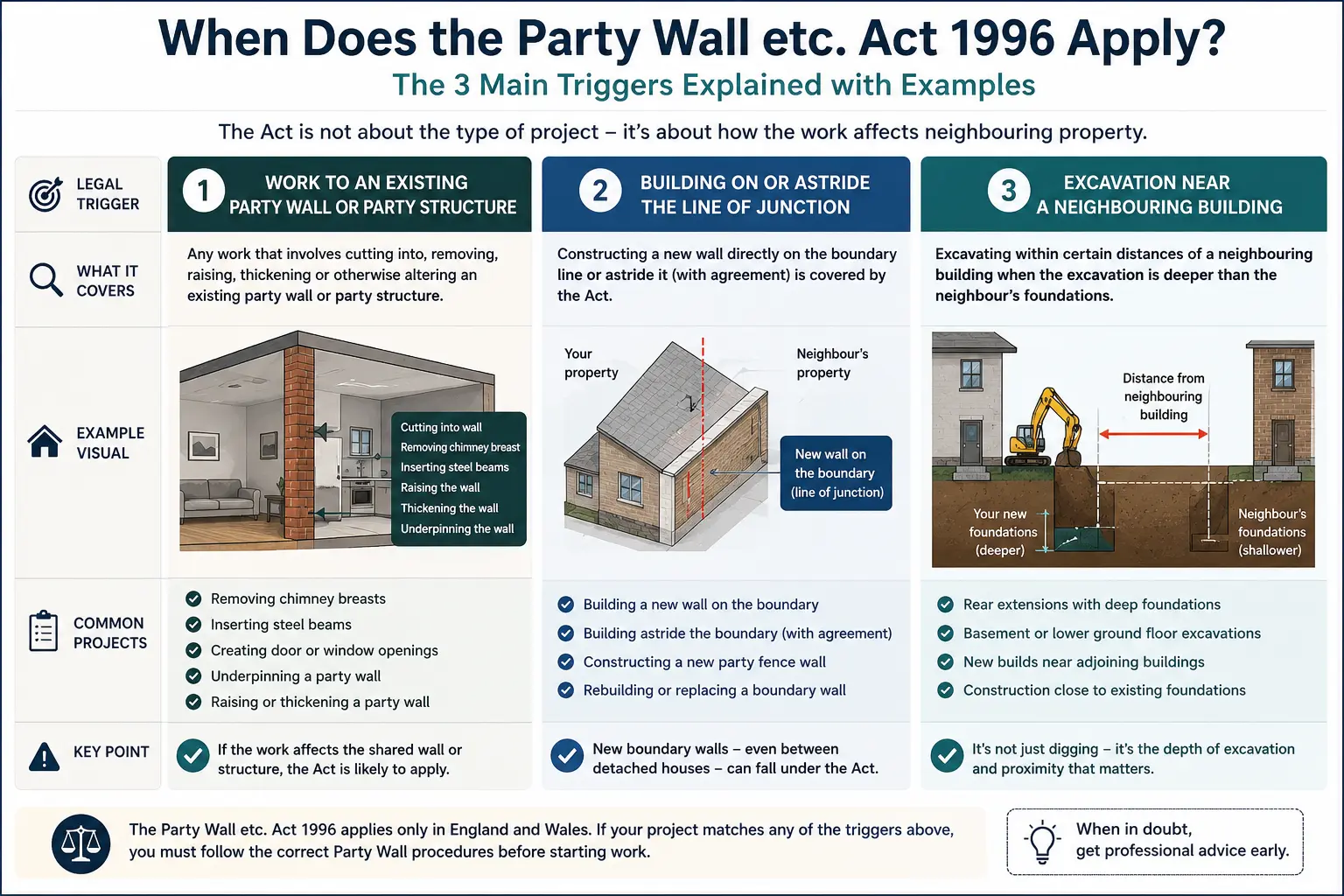 Do I Need a Party Wall Agreement? An infographic showing when does the party wall etc act 1996 apply like excavation, junction, painting, in Stockport, UK